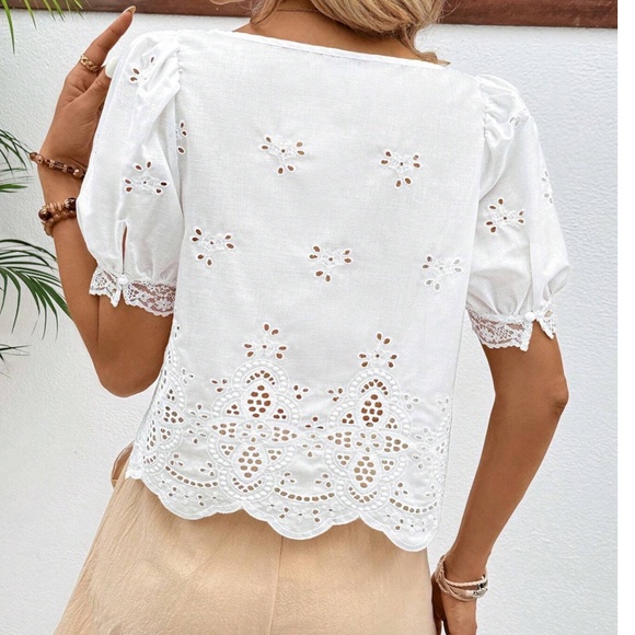 012 Boho White Eyelet Puff Sleeve Lace Blouse - Picture 4 of 5